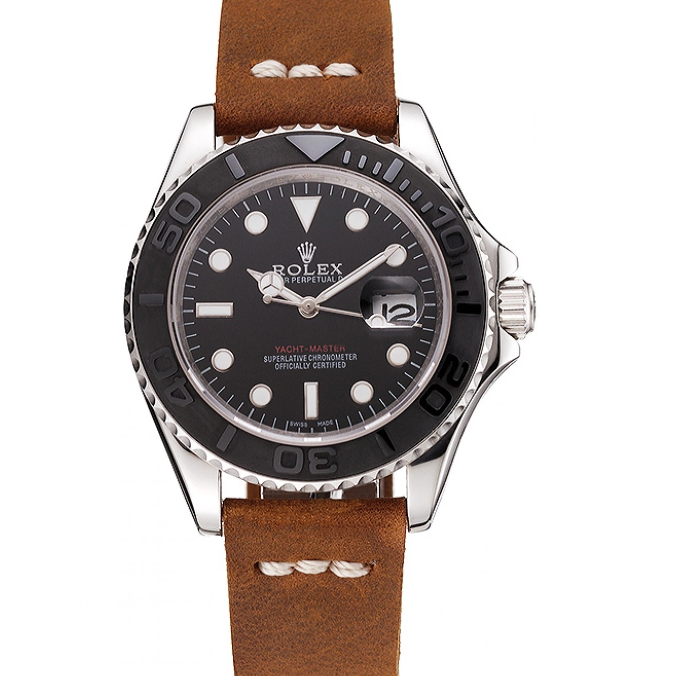 Aaa replica watch Black Dial Yacht Silver Case 1453859 Rolex Master Brown Leather Bracelet 0712